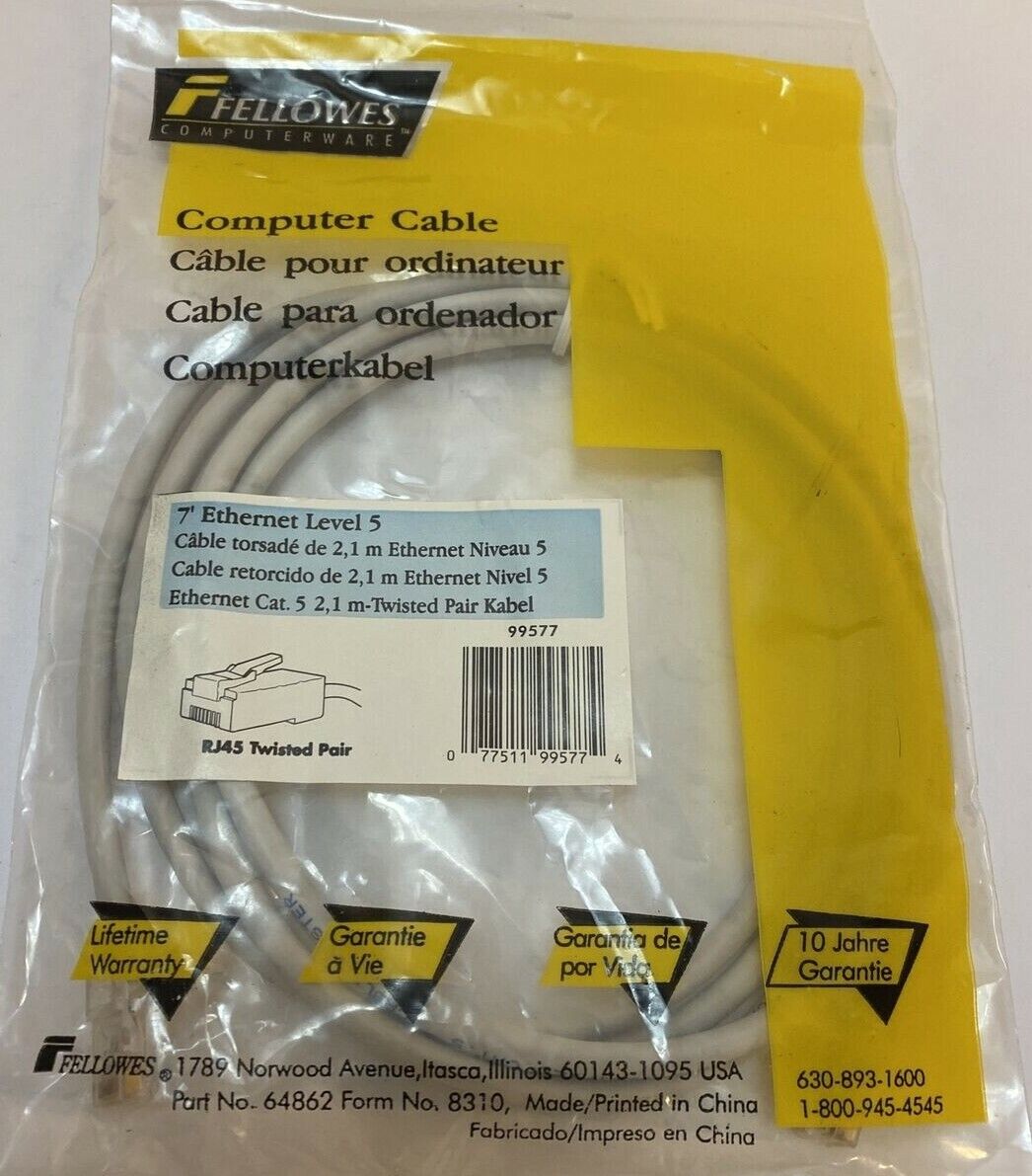FELLOWES 7 Foot Ethernet Cat 5 Cable RJ-45