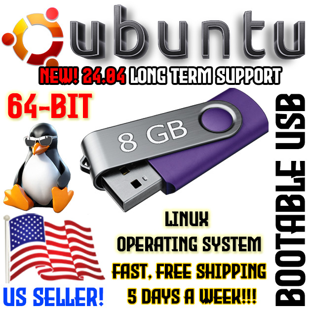 Linux Ubuntu 24.04 Long Term Support OS DVD or USB Live Boot OS Updated NEW