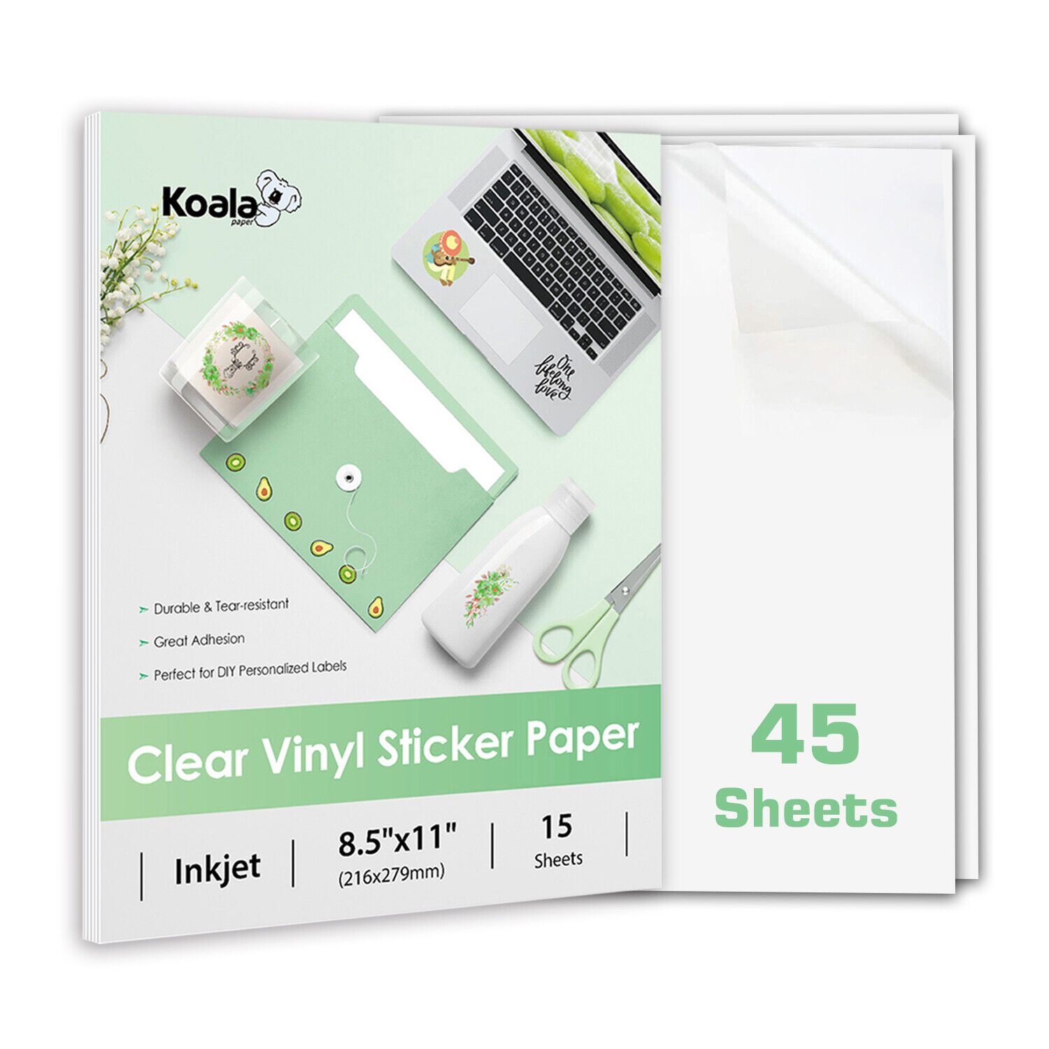 45 Koala Clear Sticker Paper for Inkjet Printer, Waterproof Sticker Paper 8.5x11