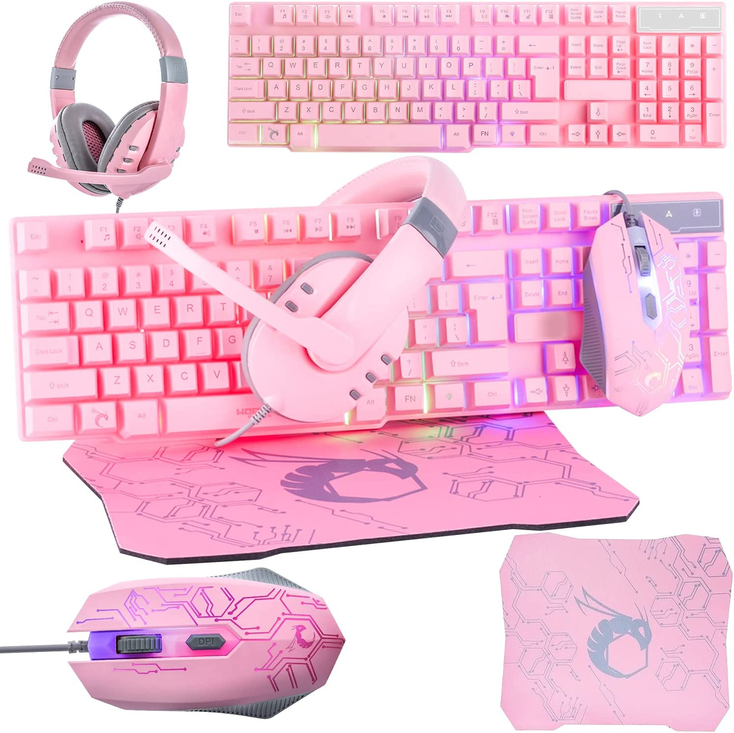 Pink Gaming Keyboard and Mouse Headset Headphones and Mouse Pad, Wired LED RGB B
