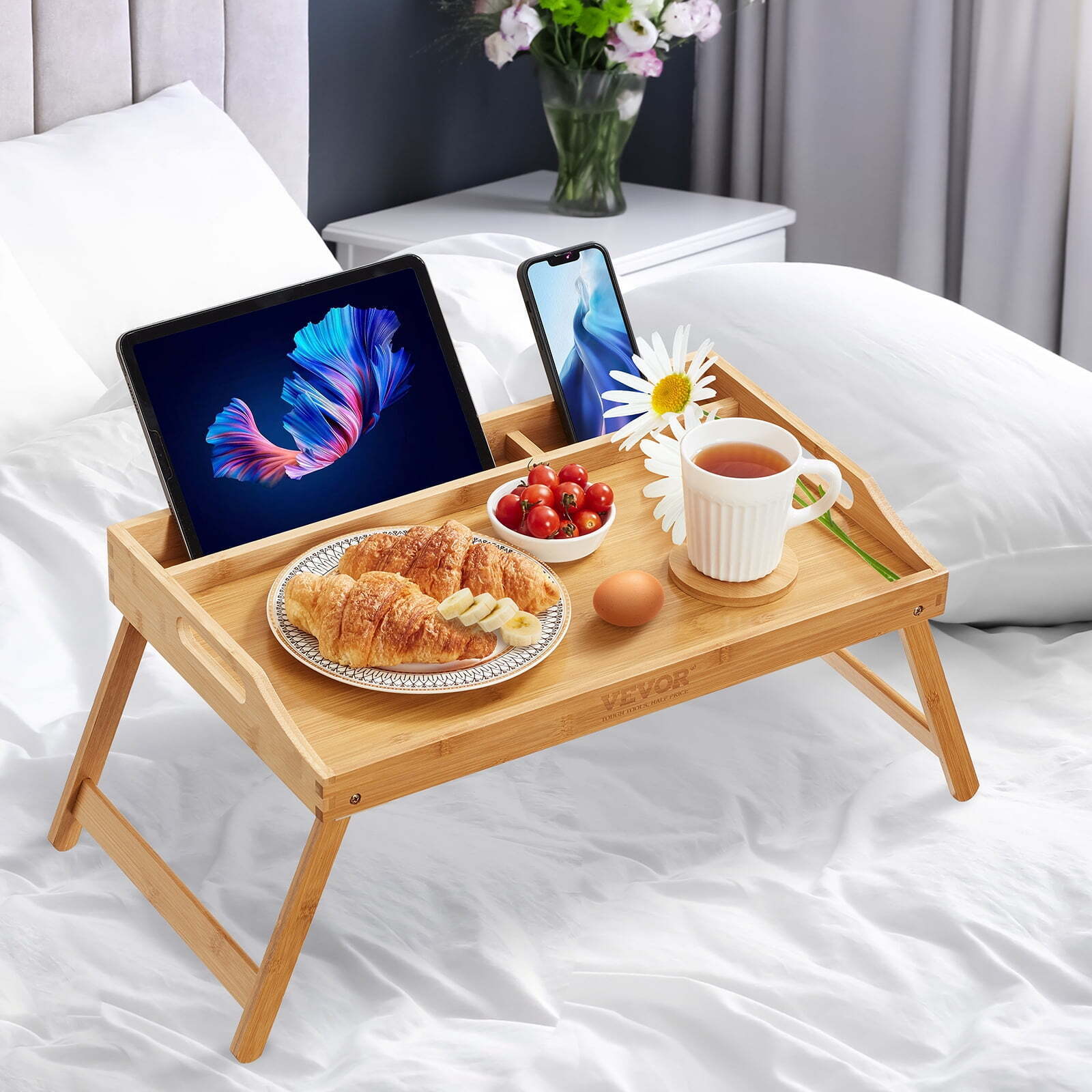 BENTISM Bamboo Bed Tray Breakfast Serving Table Laptop Desk with Foldable Legs..