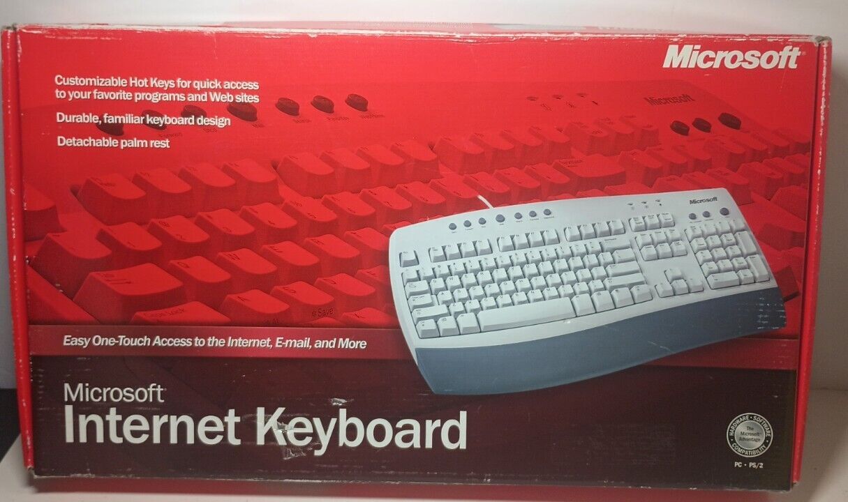Microsoft Internet Keyboard Vtg w Box & Disc 0302 X08-72447 Palm Rest Wired PS/2