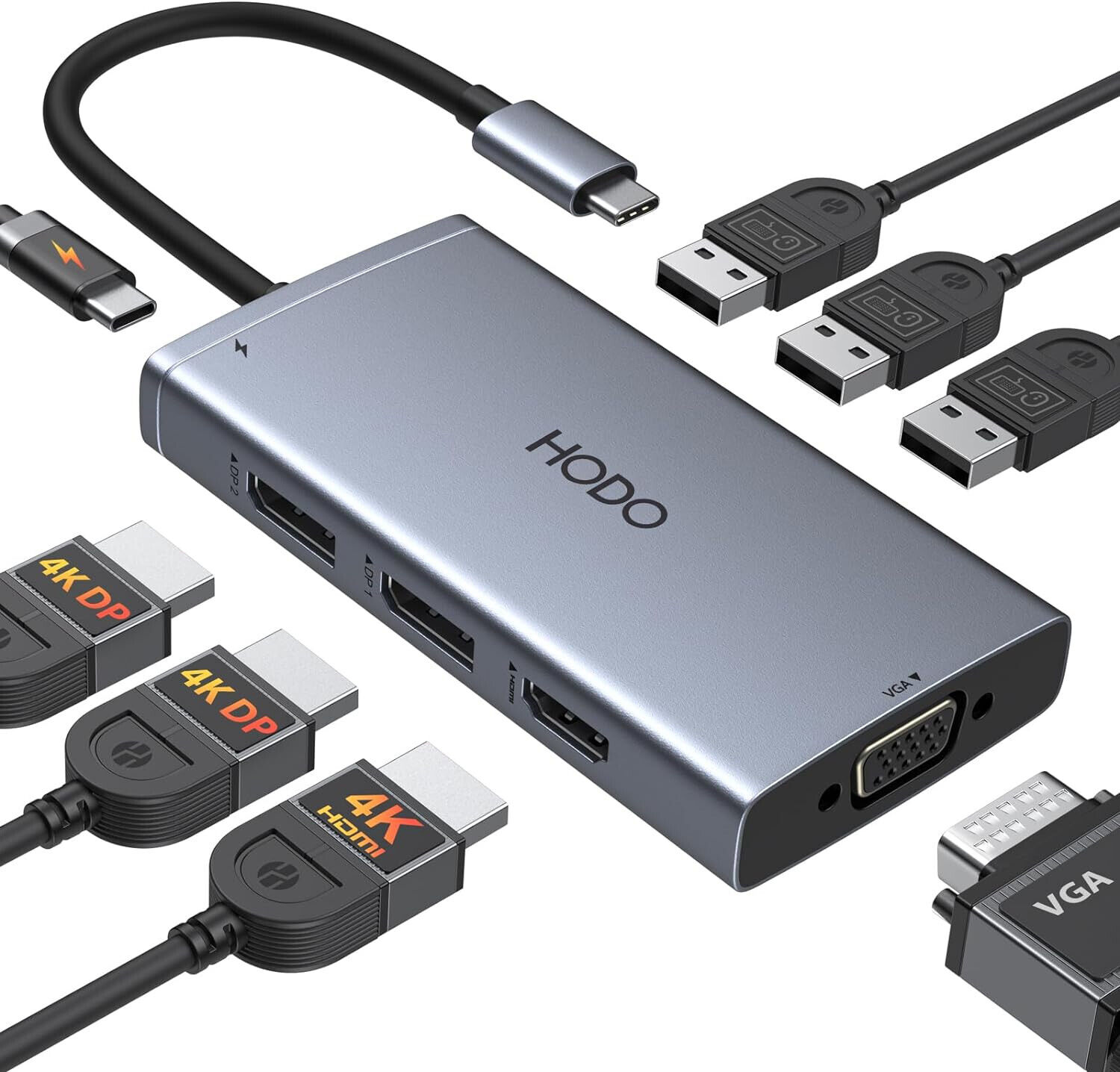 USB C Docking Station Quad Display 100w, 4K HDMI,  2x4K Display Port, VGA, 3 USB