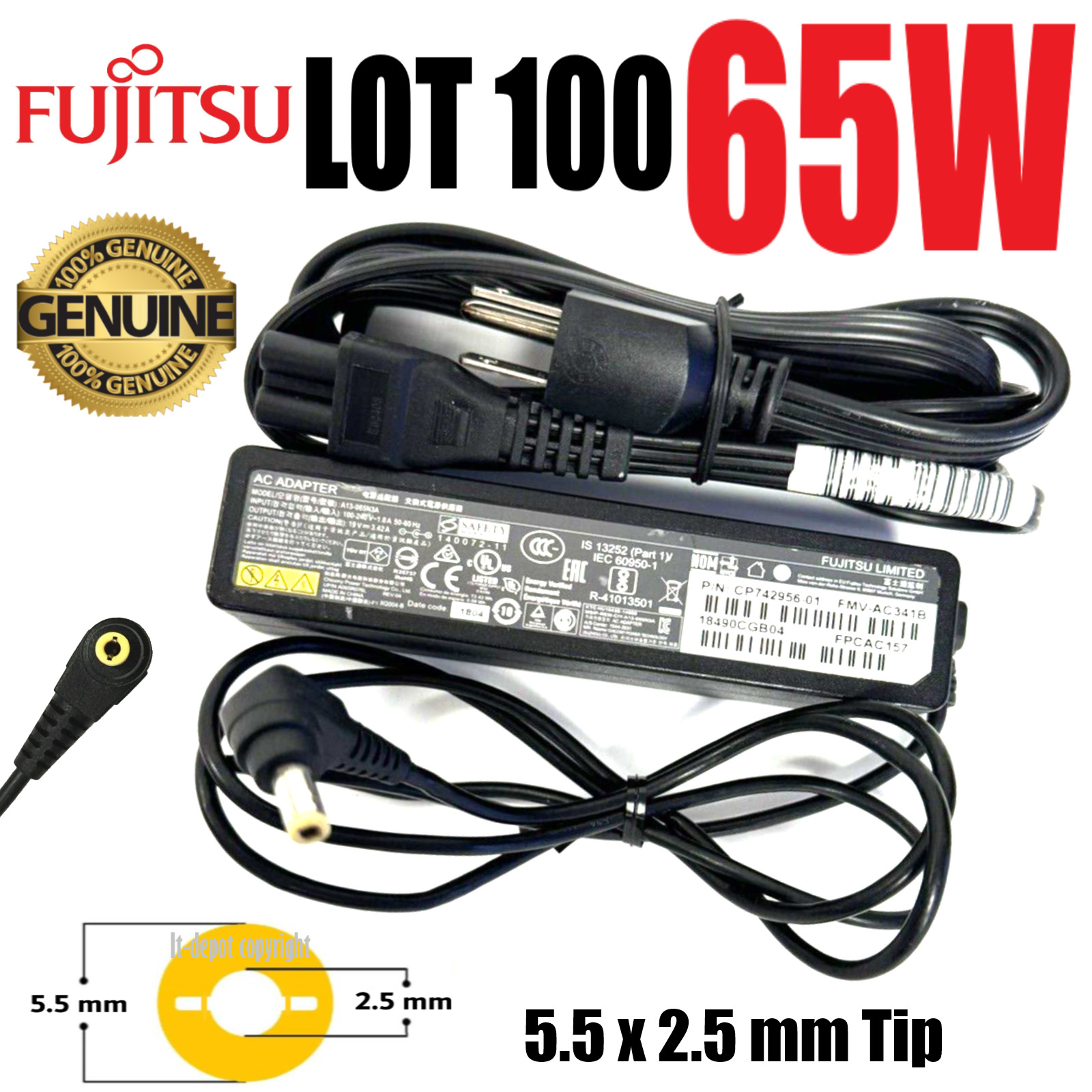 LOT 100 OEM Fujitsu 65W 5.5x2.5mm 19V 3.42A Laptop AC Adapter Charger A13-065N3A