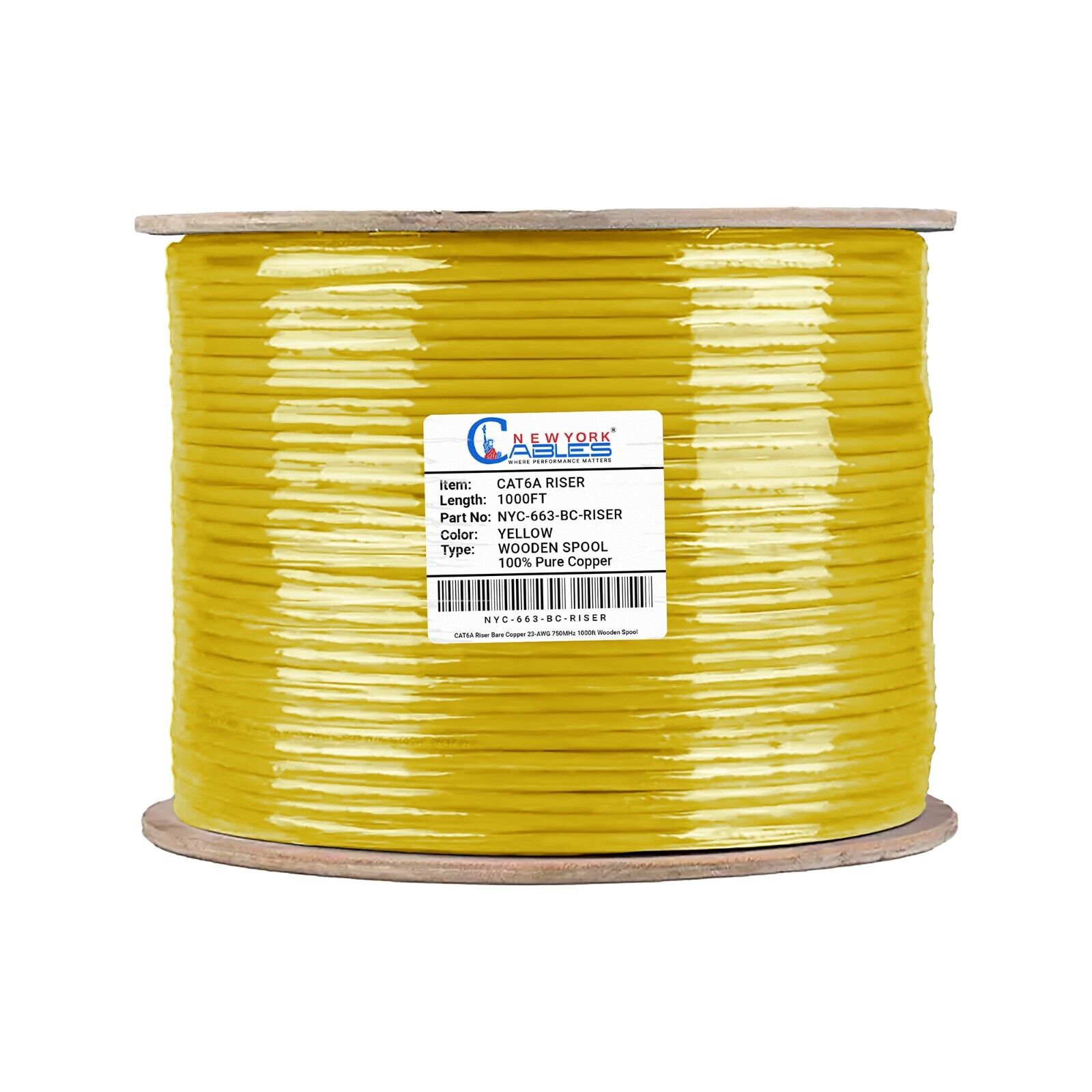 1000ft CAT6A Riser CMR Solid Bare Copper 750Mhz UTP Bulk Ethernet Cable Yellow