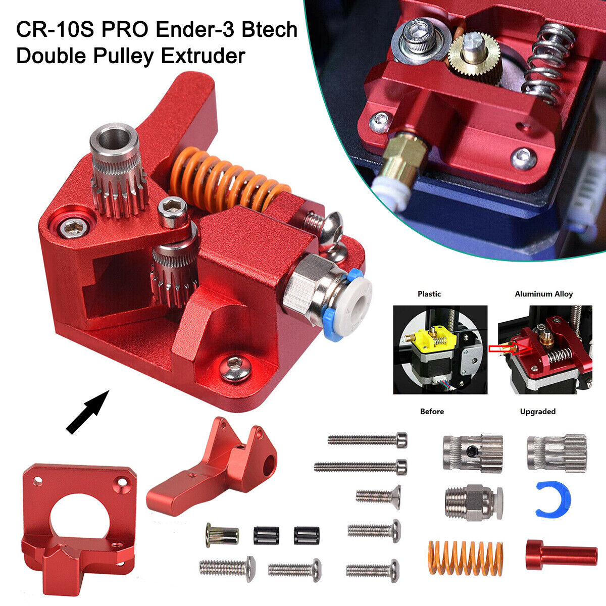 Dual Gear Pulley Drive Extruder Kit Aluminum for 3D Printer CR-10S Pro Ender-3