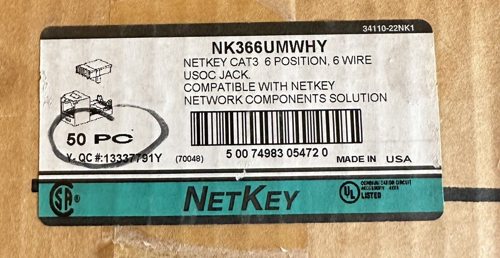 Panduit Netkey Cat 3 RJ11 White Jack Qty.50 6 Wire NK366UMWHY