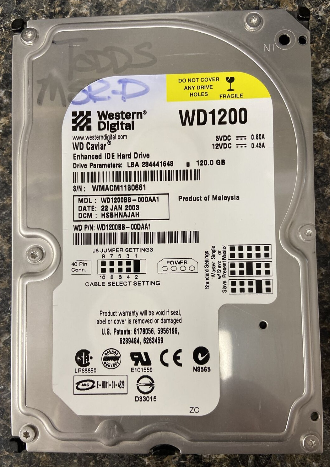 Western Digital WD1200 120GB WD1200BB-00DAA1 Passed Extended Diags, Zeroed, Mint