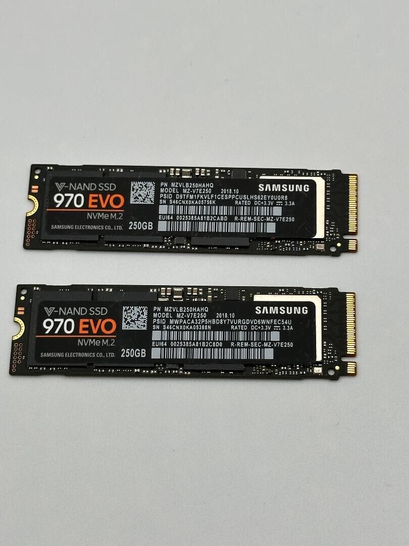 QTY(2) Samsung 970 EVO Series 250GB, Internal, M.2 (MZ-V7S250B/AM) Solid State..