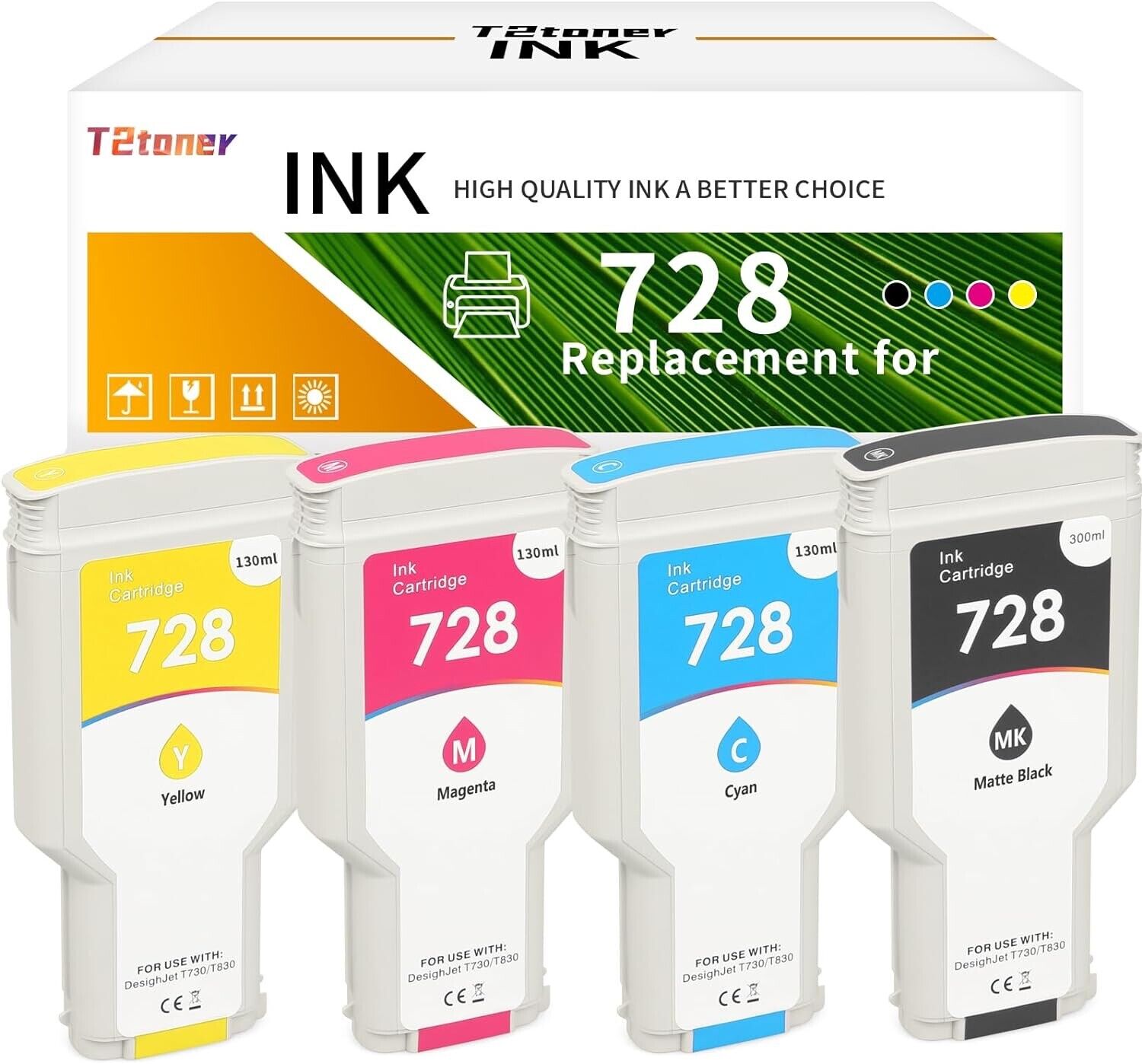 T2Toner Compatible InkJets for HP 728 Set 4-Pcs (300ml:Black, 130ml:CYM - NEW