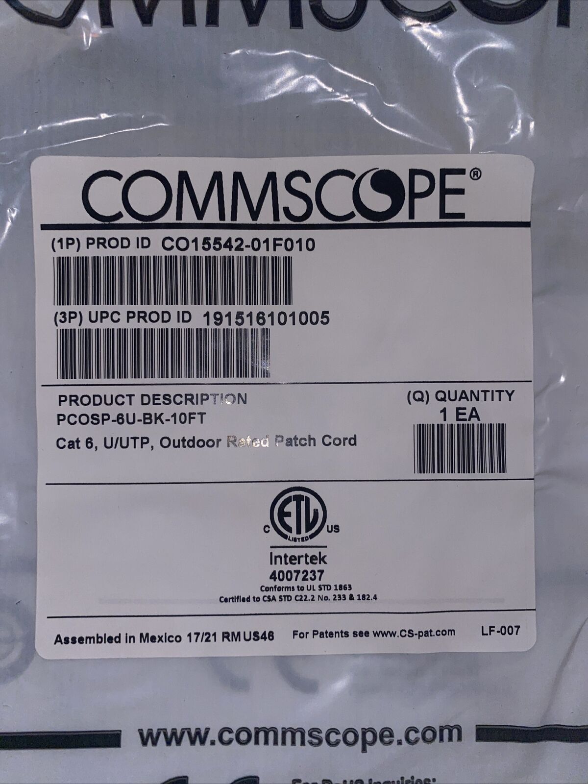NEW-(LOt OF36)Commscope - Cat 6, U/UTP,Outdoor Rated Patch Cord PCOSP-6U-BK-10FT