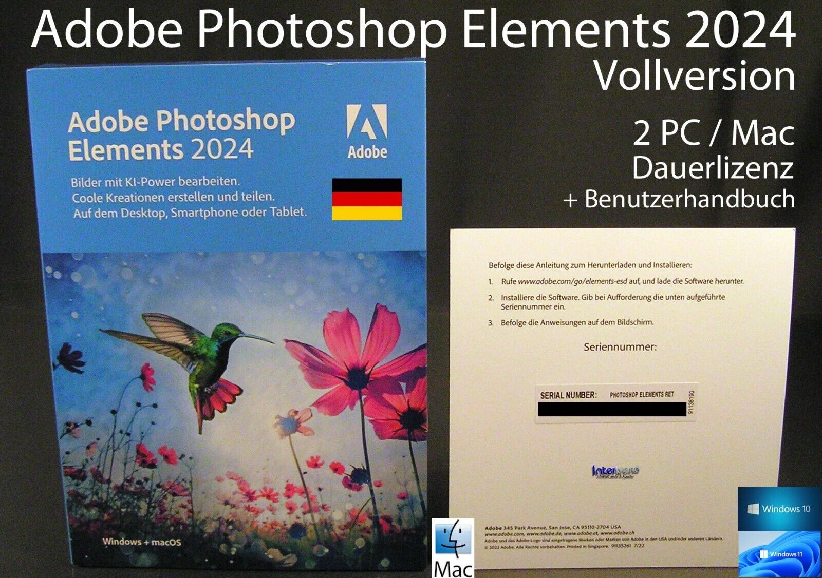 Adobe Photoshop Elements 2024 Full Version Box 2 Win/Mac Permanent License Original Packaging New