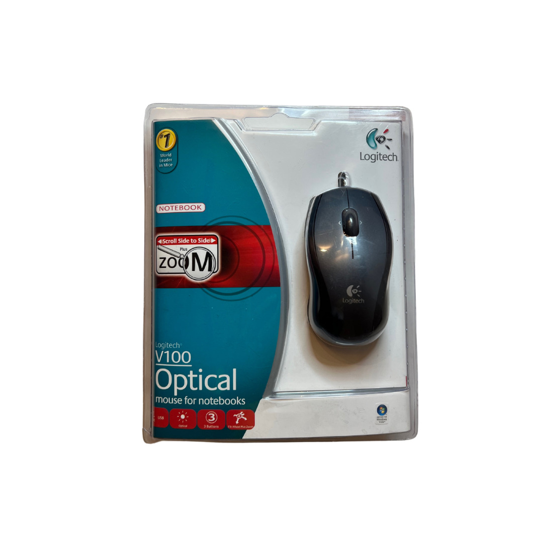Logitech V100 3-Button USB Optical Mouse Tilt Wheel Plus Zoom Black/Gray - NEW