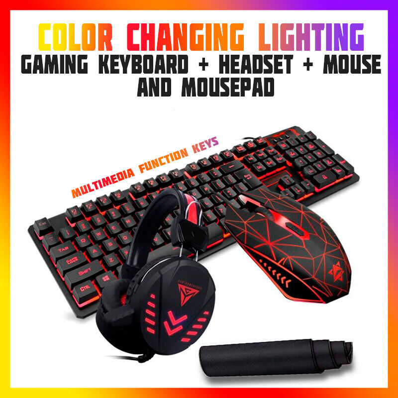 4-1 Gaming keyboard + Mouse + Headset + Mousepad RGB LED Colors Light PC Xbox...