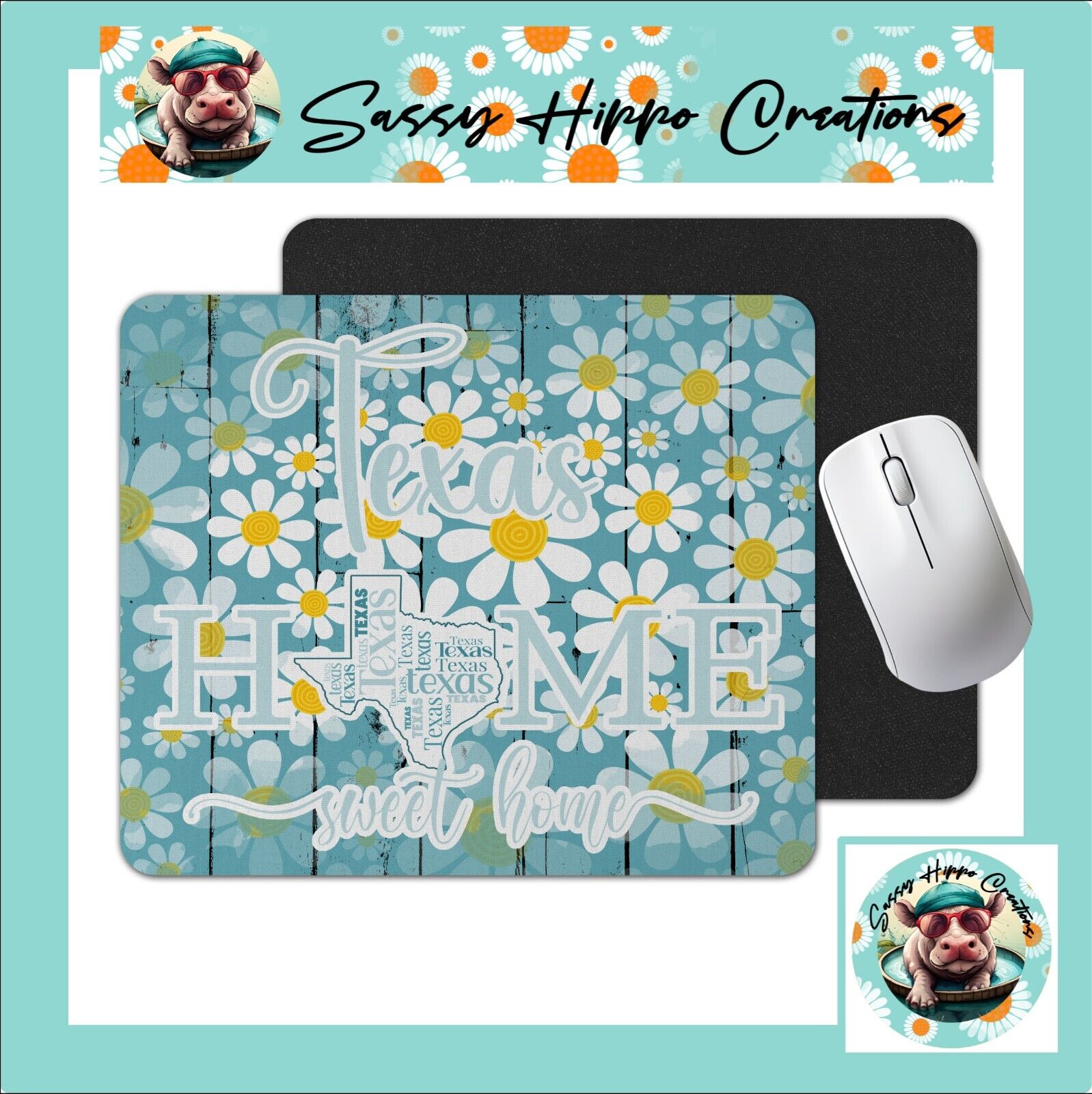Mouse Pad Texas Home Sweet Home Blue Green White Flowers Anti Slip Back EZ Clean