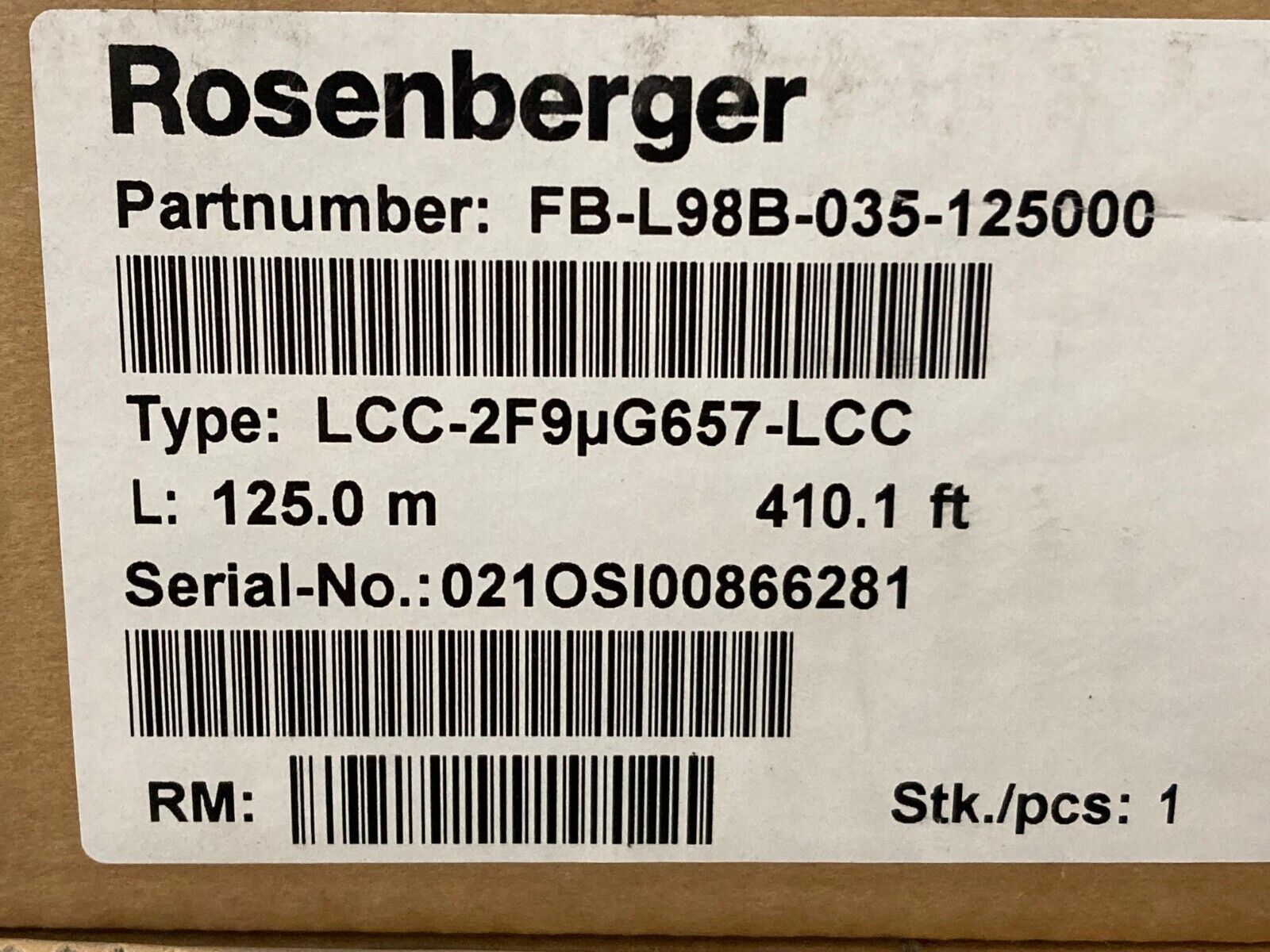 Rosenberger FB-L98B-035-125000 Fiber Optic Cable  LCC-2F9uG657-LCC 125.0 m - NIB