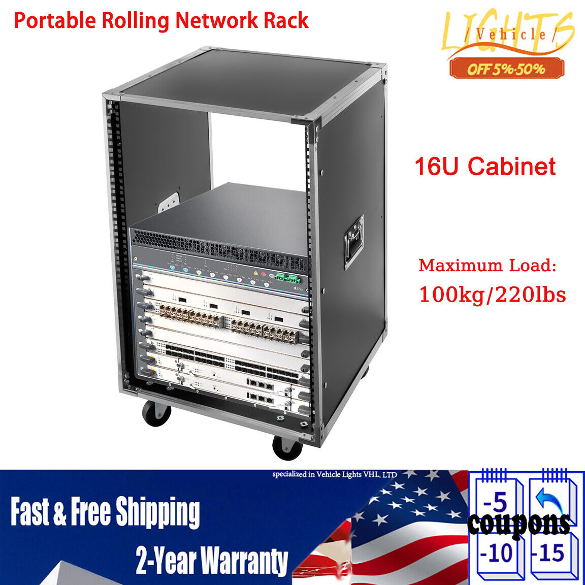 16U Portable Rolling Cart Shelf Network Rack Audio Video Telecom Office Cabinet