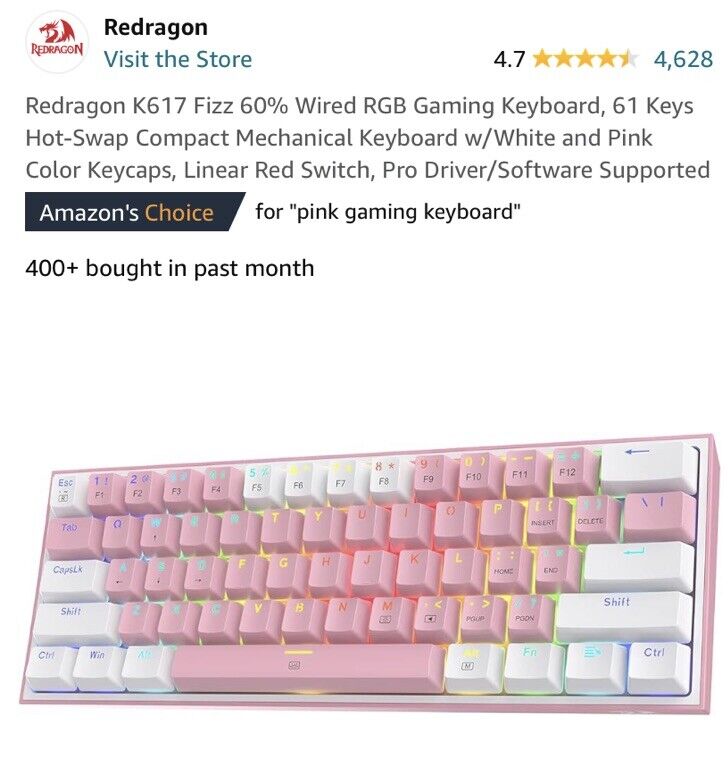 Redragon K617 Fizz 60% Wired RGB Gaming Keyboard, 61 Keys, Linear Red Switch