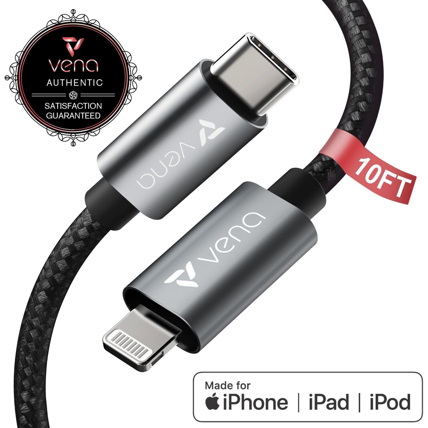 Vena USB-C to Lightning Charging Cable 10FT[MFI Certified]For Apple iPad/Pro/Air