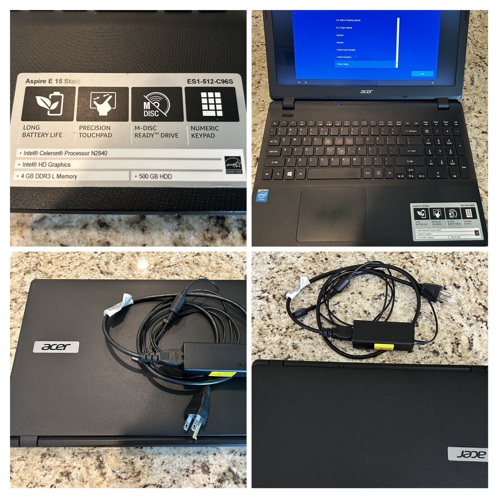 Acer Aspire E 15 Laptop 15.6” Intel Celeron  4GB ram 500GB DVD Windows & Charger