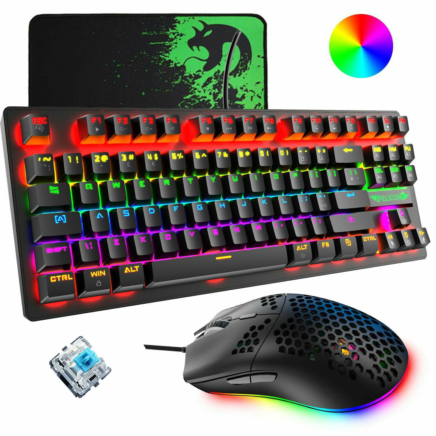 Mechanical Gaming Keyboard and Mouse Combo RGB Backlit Wired Honeycomb Mice USB