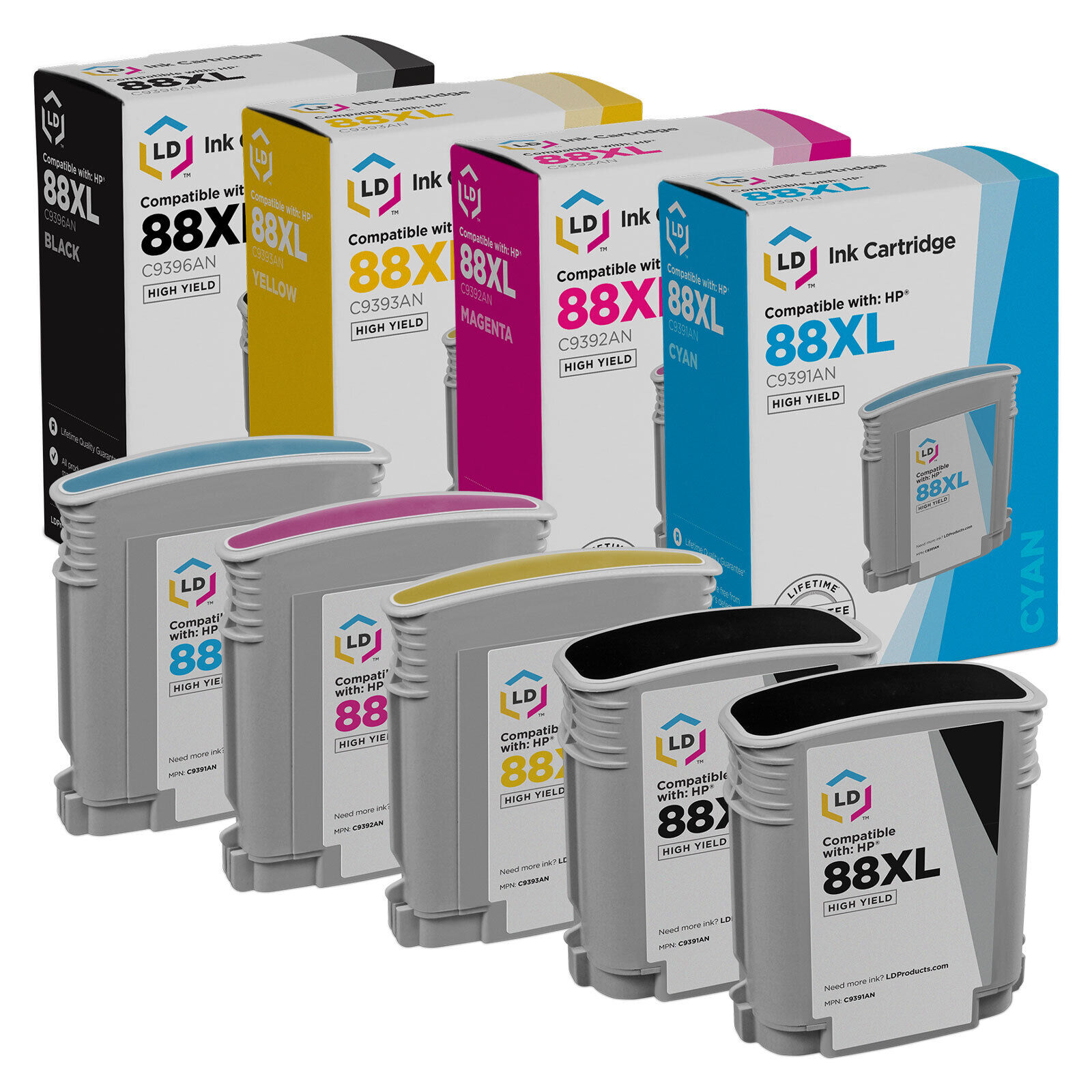 LD Reman Replacements Fits for HP 88XL Set of 5 High Yield Inkjet Cartridges