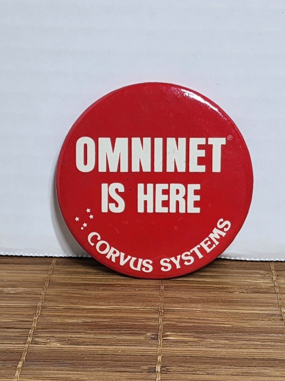 Vintage Corvus Systems Omninet Is Here Button Pin 3 In