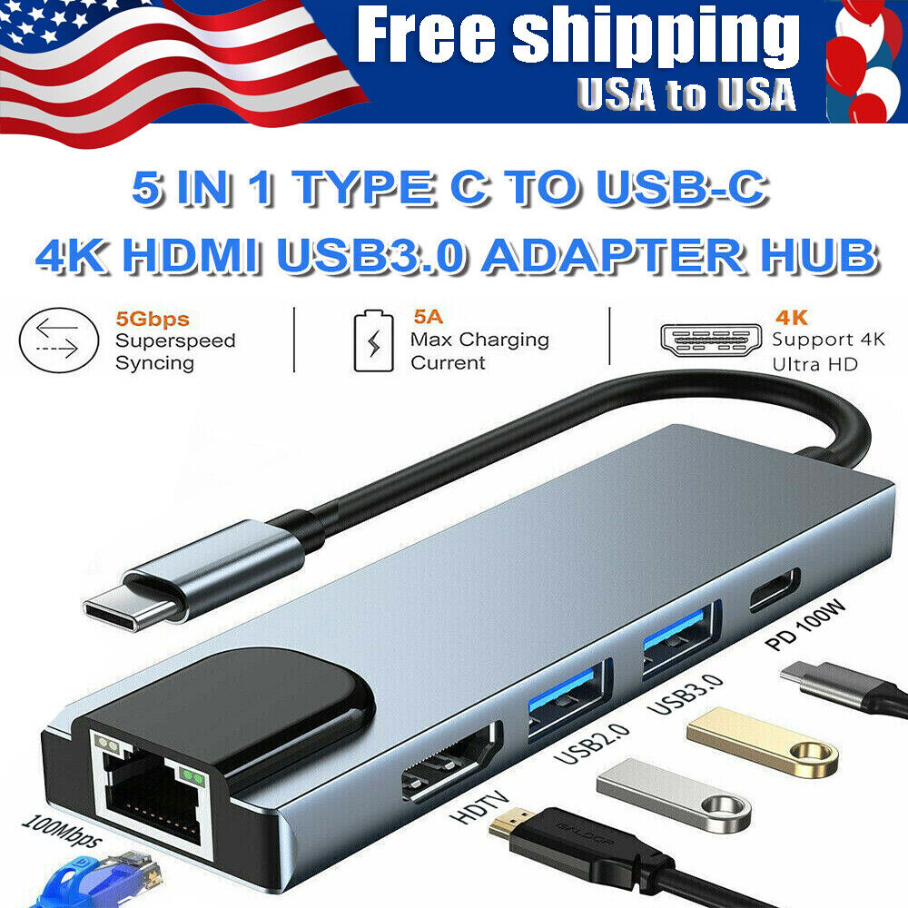 5 in 1 Multiport USB-C Hub Type C To USB 3.0 4K HDMI Adapter For Macbook Laptop