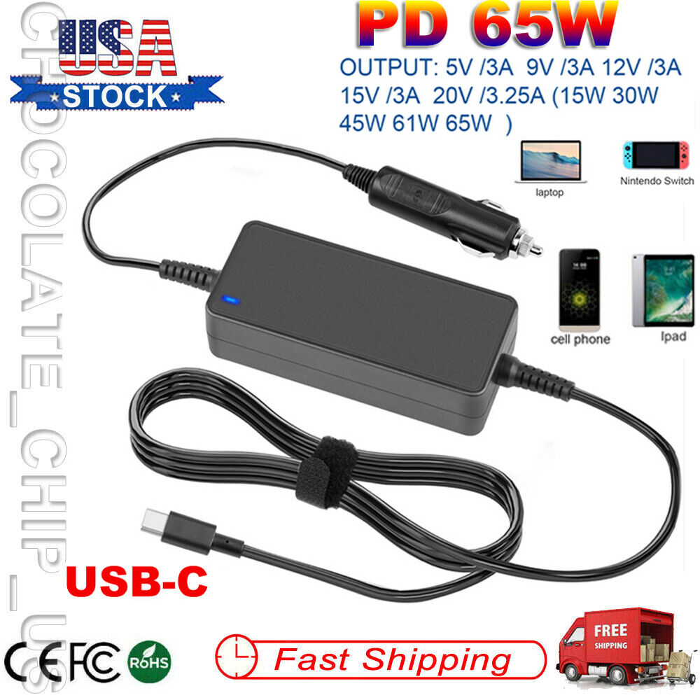 65W USB C Laptop AC Adapter Car Charger for Lenovo Yoga ThinkPad T490 T480s T580