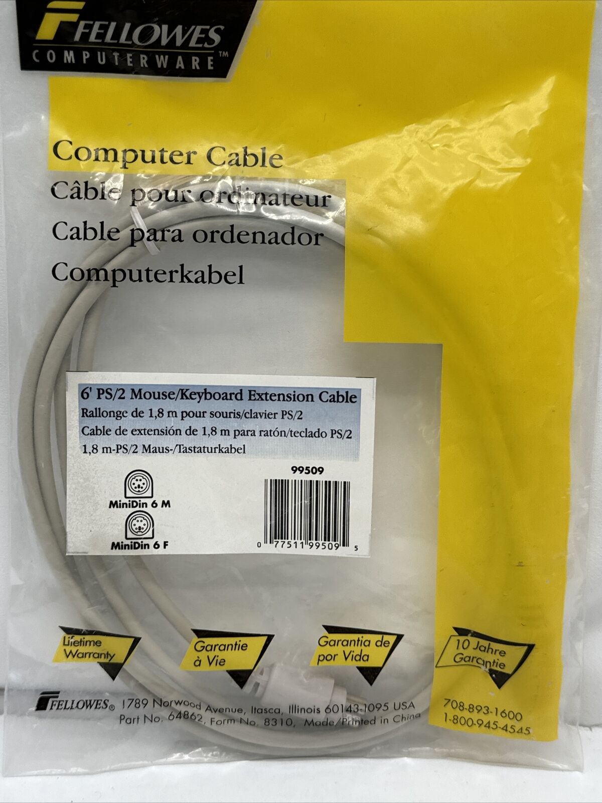 Mouse Keyboard Extension Cable Fellowes 99509 PS/2 MiniDin 6M/MiniDin 6F 6 Foot