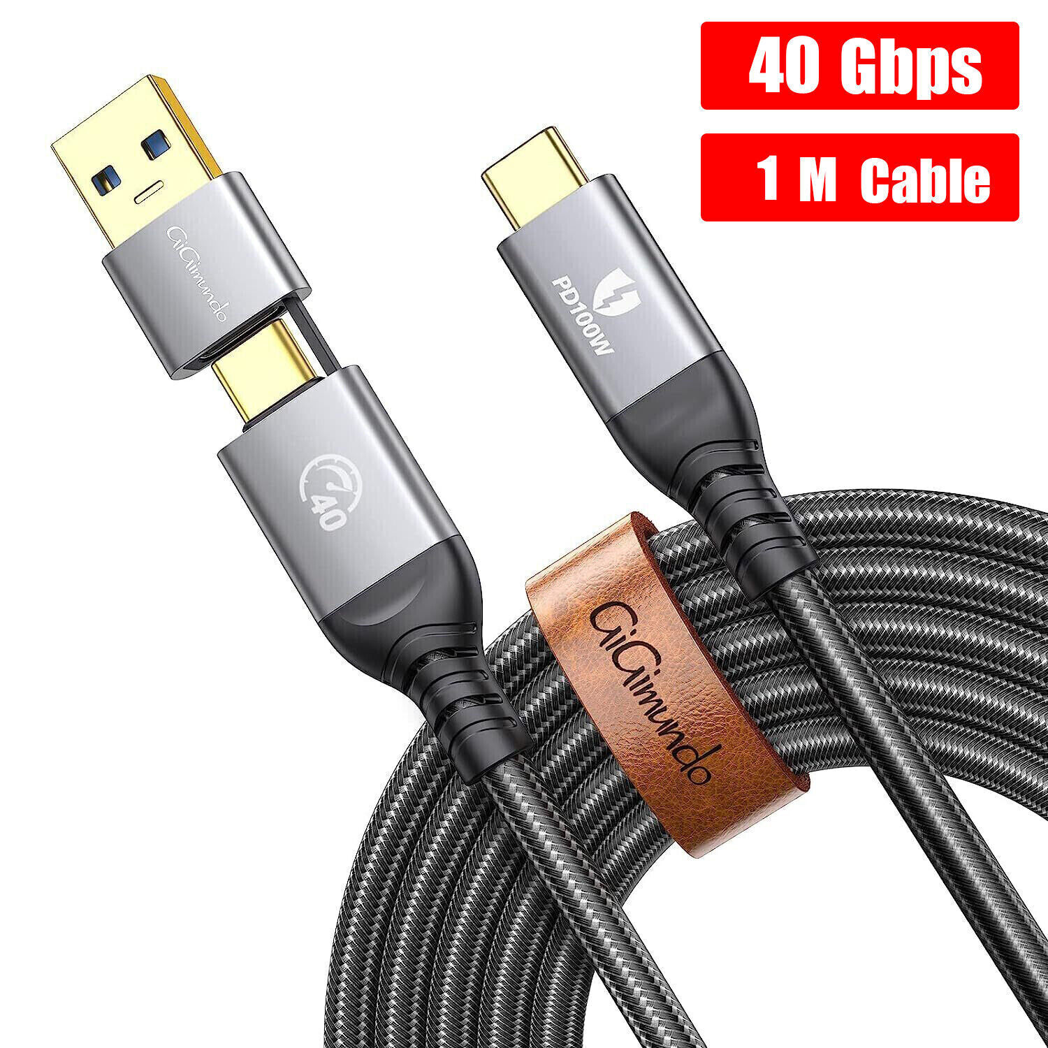 2 in 1 USB 4 40Gbps Charger Cable USB A/C to USB-C Type-C Fast Charging 3.3ft