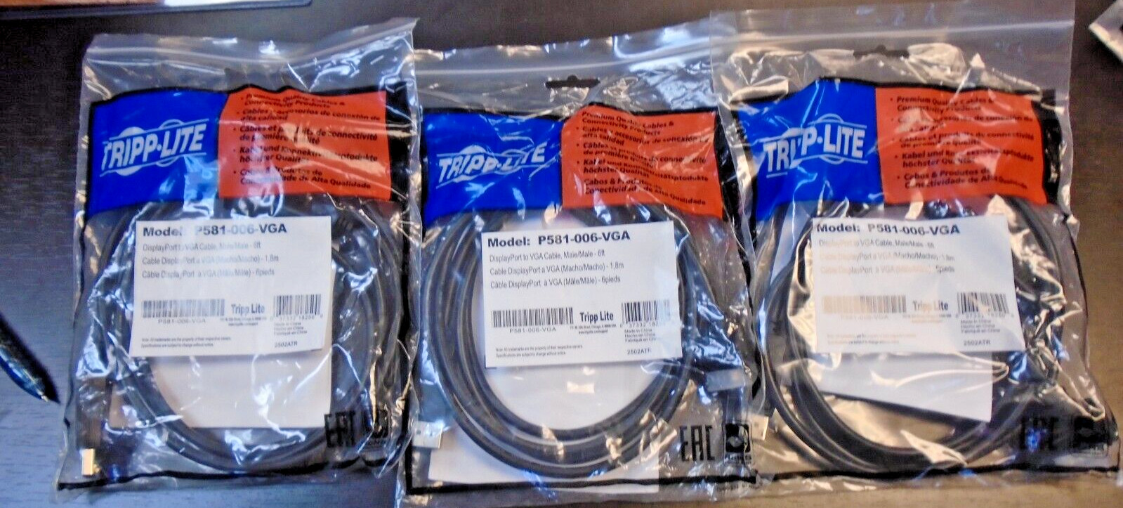 NEW Tripp Lite P581-006-VGA DisplayPort 1.2 to VGA Adapter Cable 6 ft. LOT OF 3