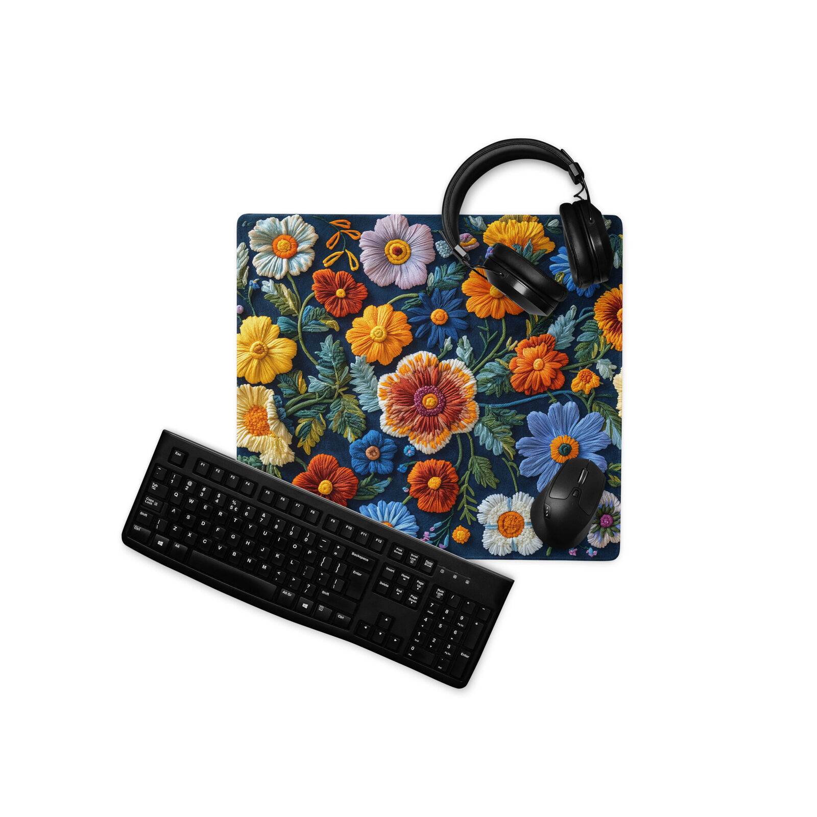 Floral Stitching Gaming Mouse Pad, Wildflowers Mousepad, Daisy Extended Deskmat