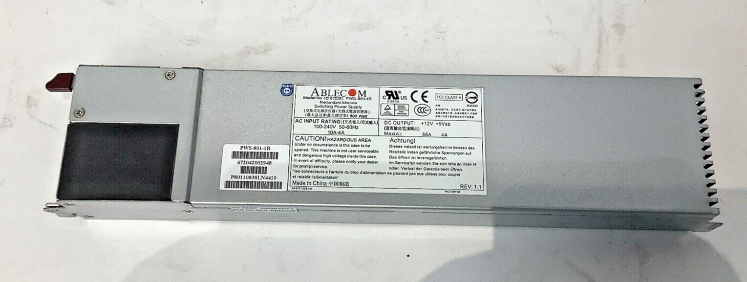 SuperMicro Ablecom PWS-801-1R 800W Redundant Switching Server Power Supply