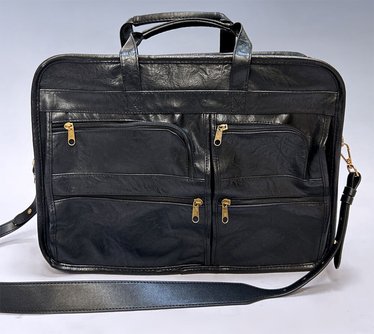 Multi-Pocket Expandable LAPTOP Organizer Bag Black Textured Crushed Leather