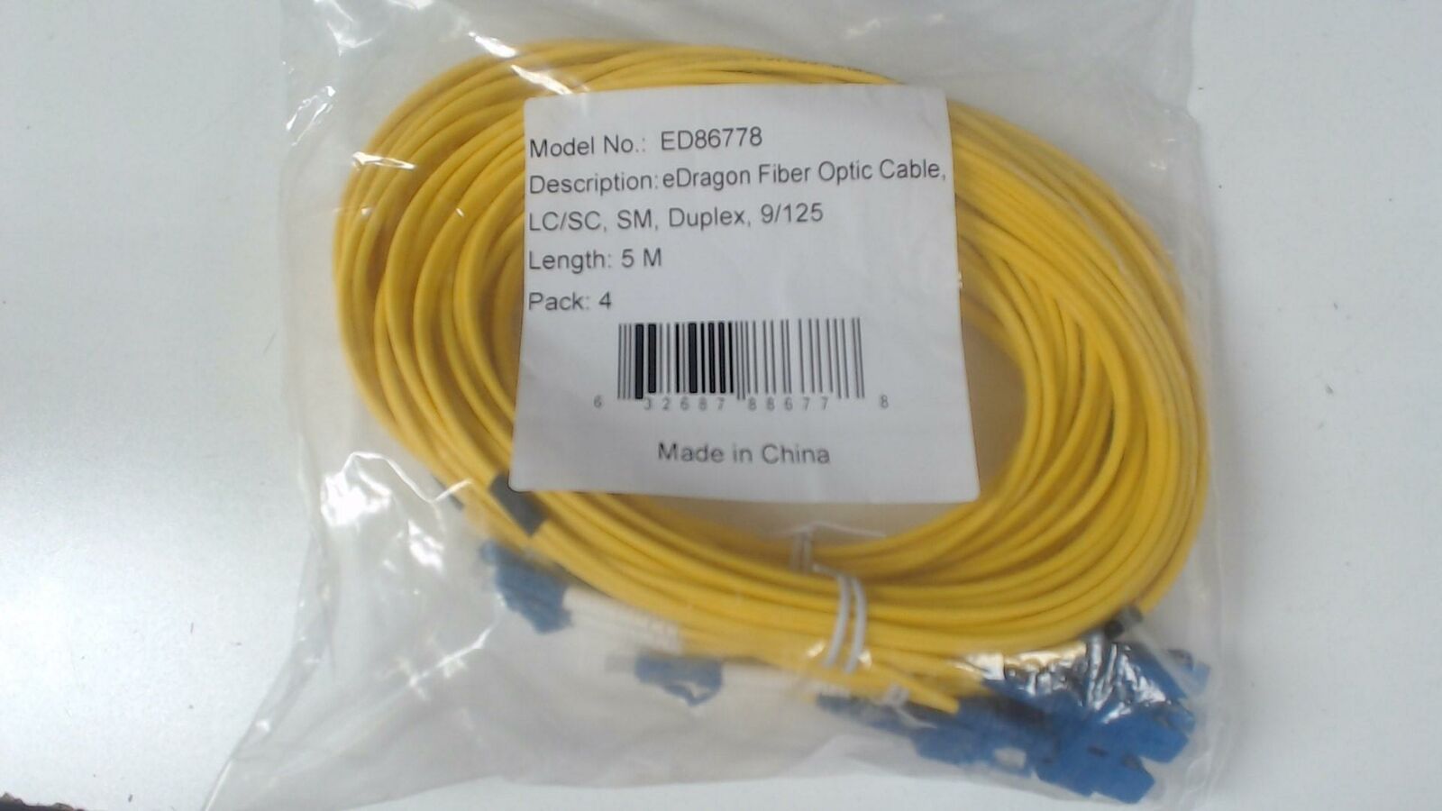 Pack of 4 - 5M LC / SC Singlemode Duplex 9/125 - Yellow Fiber Optic Cables