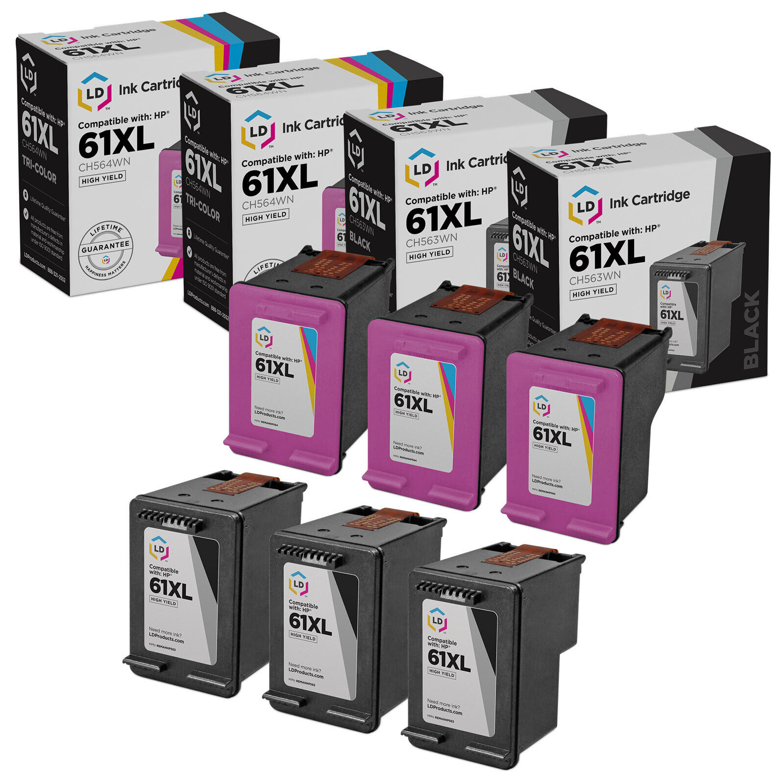 LD Reman Replacements for HP 61XL 6pk Ink 3 CH563WN Black 3 CH564WN Color