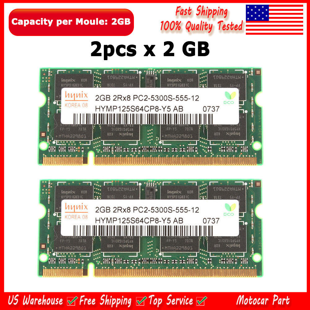 2pcs 2GB (4GB) Hynix RAM Laptop Memory PC2-5300 DDR2 667Mhz 200pin 5300 Non-ECC