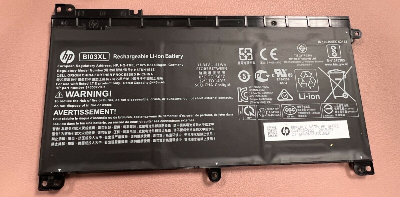 Genuine HP Rechargeable Li-ion Battery 11.34V 41Wh 3440mAh BI03XL 844203-855