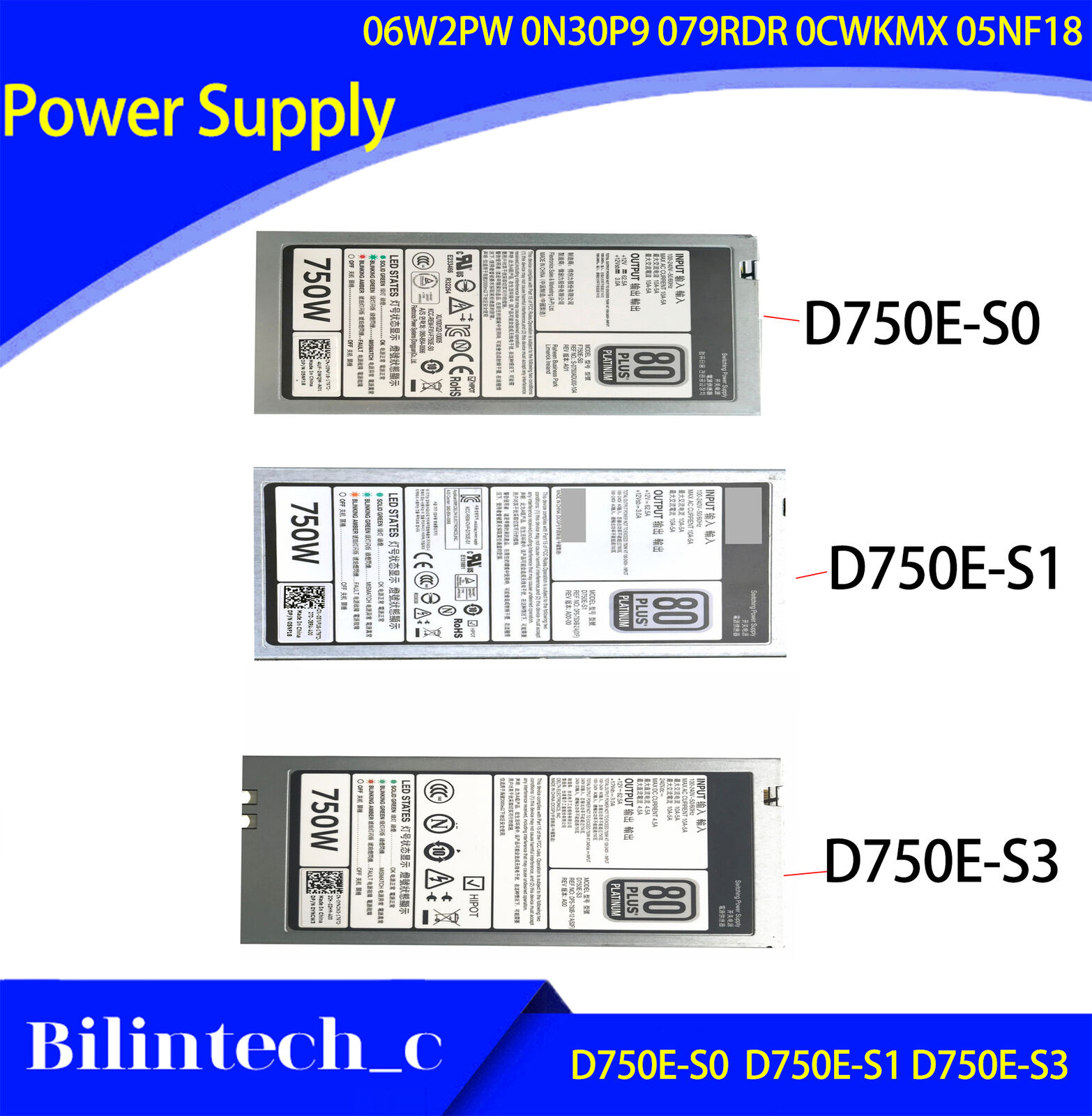 FOR DELL R620 520 720 820 920 750W Power supply F750E-S0 06W2PW 0N30P9 05NF18