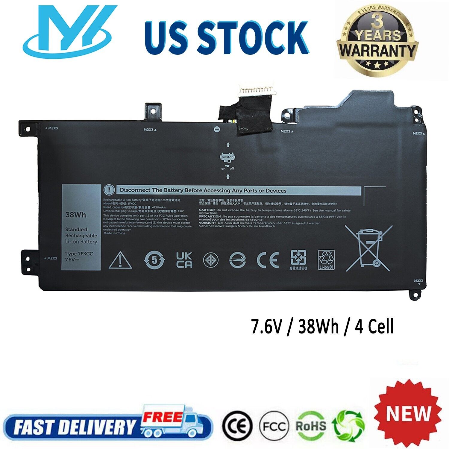 ✅New 1FKCC Battery For Dell Latitude 7200 7210 2-IN-1 KWWW4 D9J00 9NTKM Series