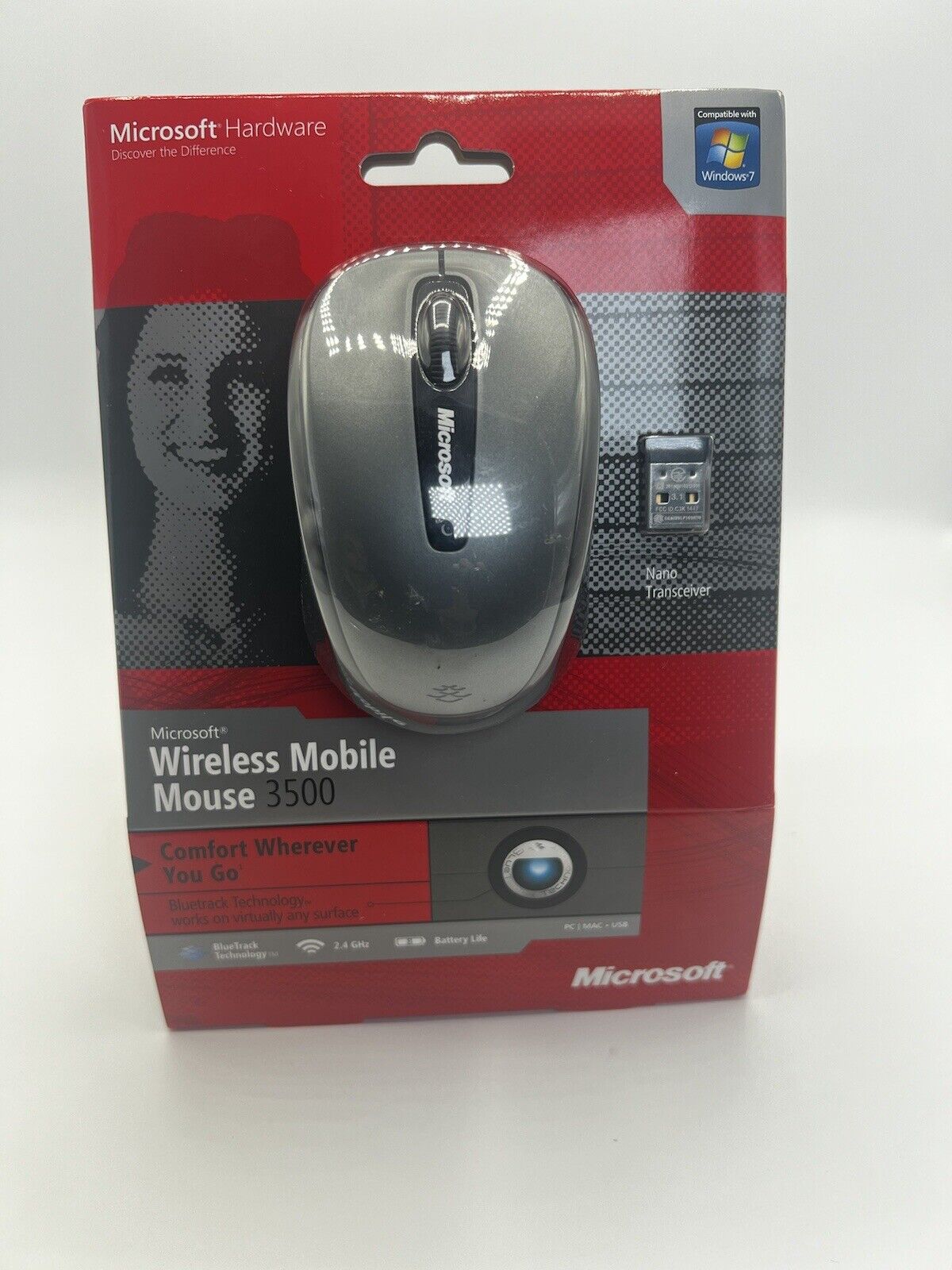 Microsoft Wireless Red Mobile Mouse 3500 BlueTrack NanoTransceiver New old stock