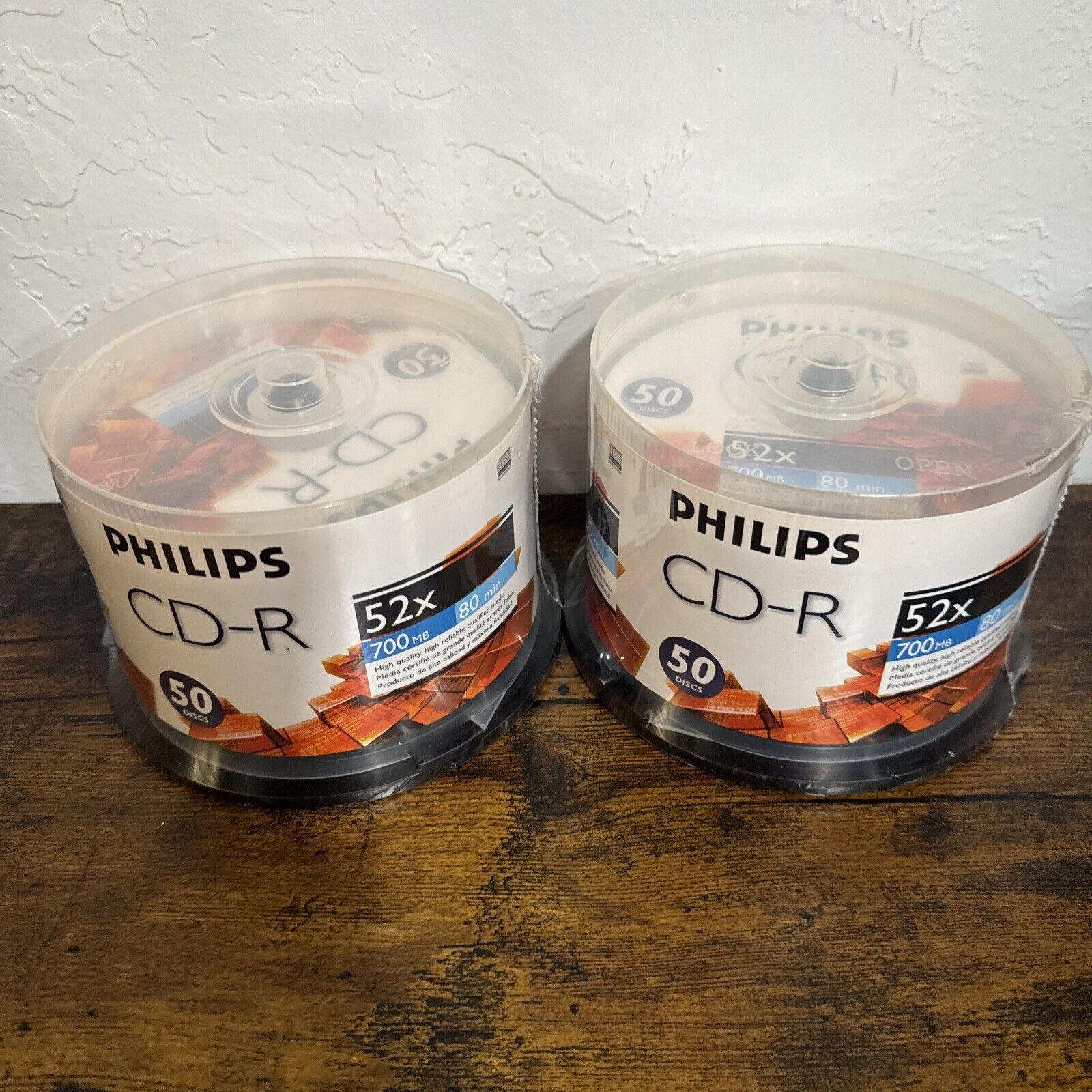 New 2 Philips Blank Discs CD-R 700MB, 52x, 80min, 50 Discs each Container