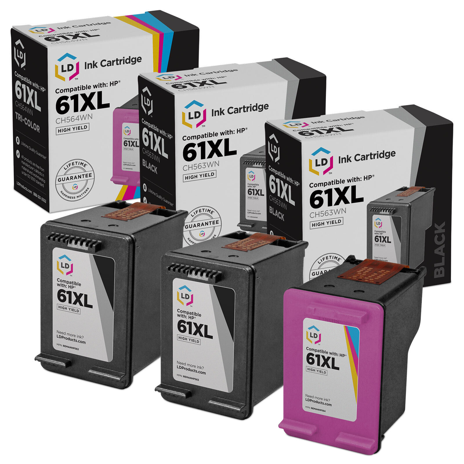 LD Reman Replacements for HP 61XL 3pk Ink 2 CH563WN Black 1 CH564WN Color