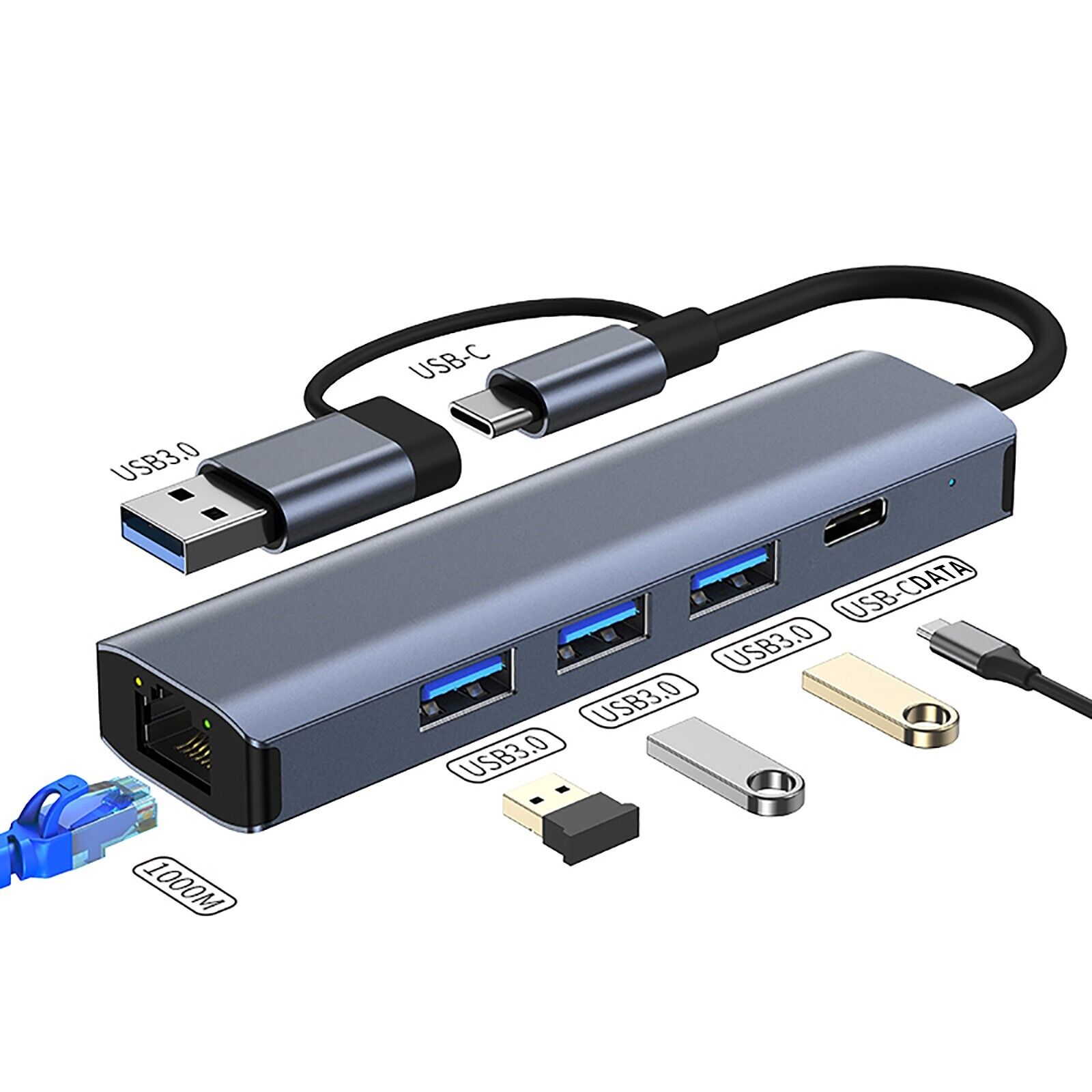 USB 3.0 To Ethernet Adapter 5 In 1 Multiport Hub With Gigabit And Type-C Laptop
