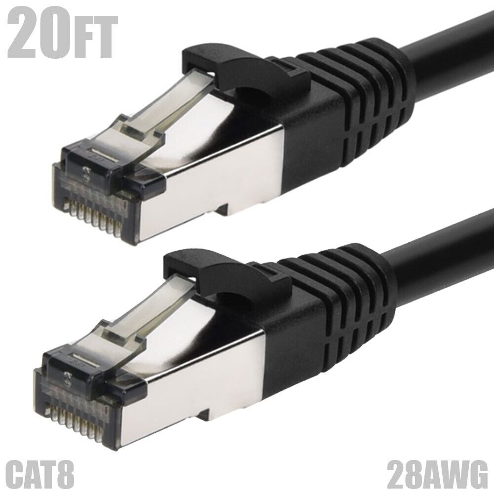 20FT CAT8 RJ45 Network Ethernet S/FTP Cable Shielded Copper Wire 28AWG Black