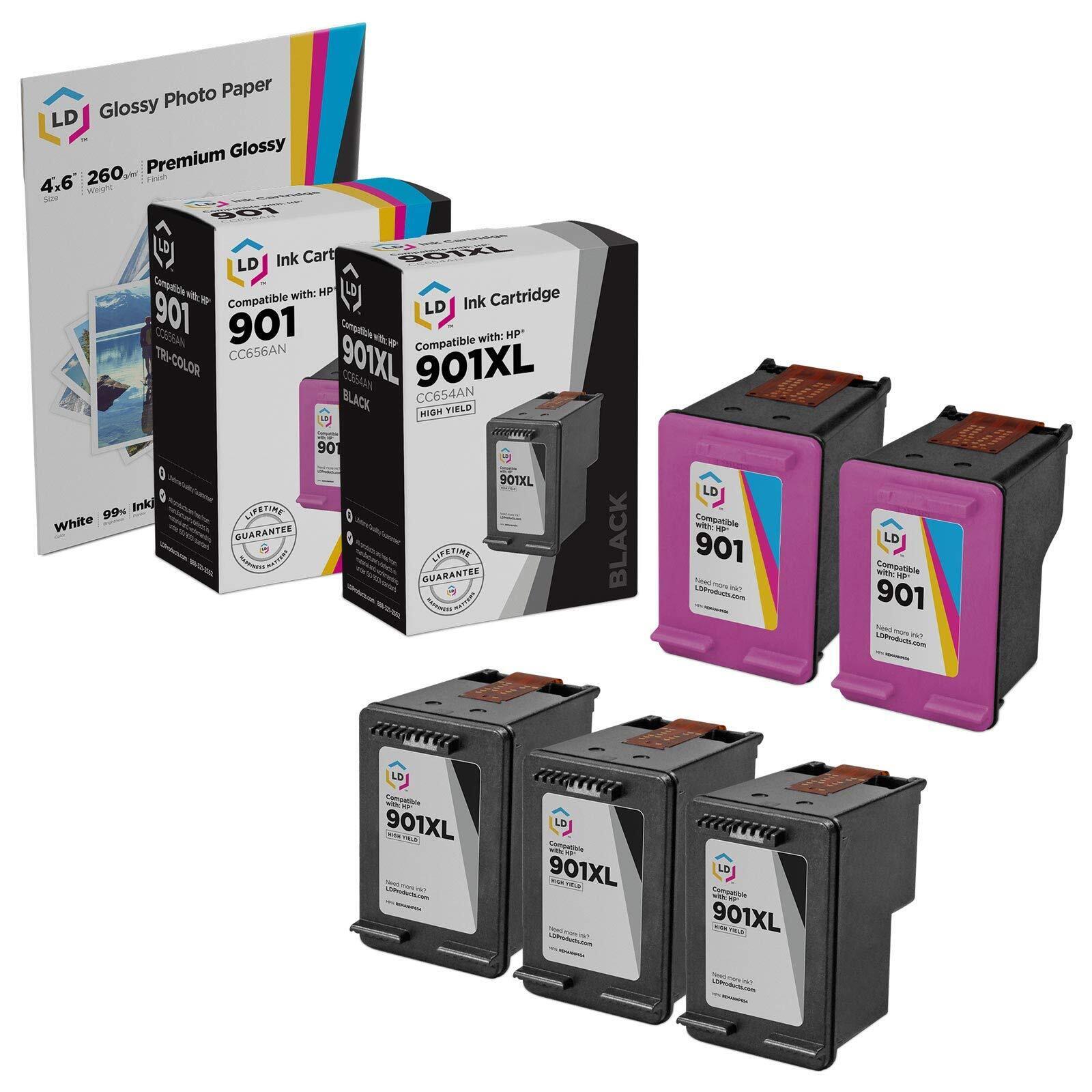 LD Reman Replacements Fits for HP 901XL 5PK: 3 CC654AN Black/2 CC656AN Color