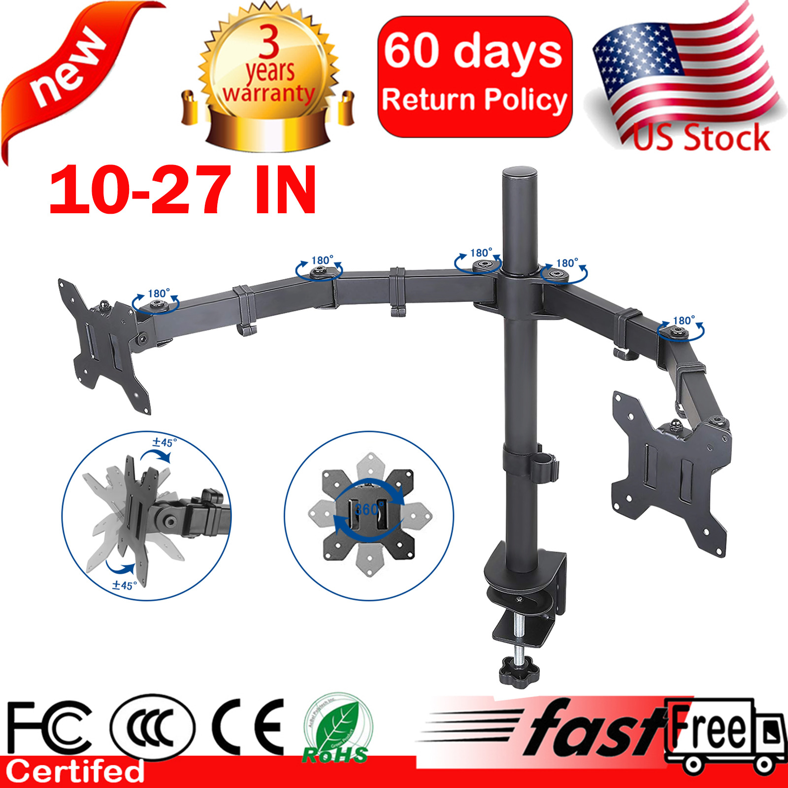 10”-27” Double Twin Arm Desk Mount Bracket LCD Computer Monitor Stand Screen TV