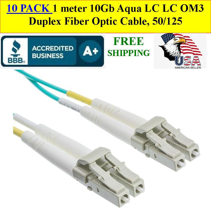 10 CABLES 1 meter 10Gb Aqua LC OM3 Multimode Duplex Fiber Optic Cable, 50/125