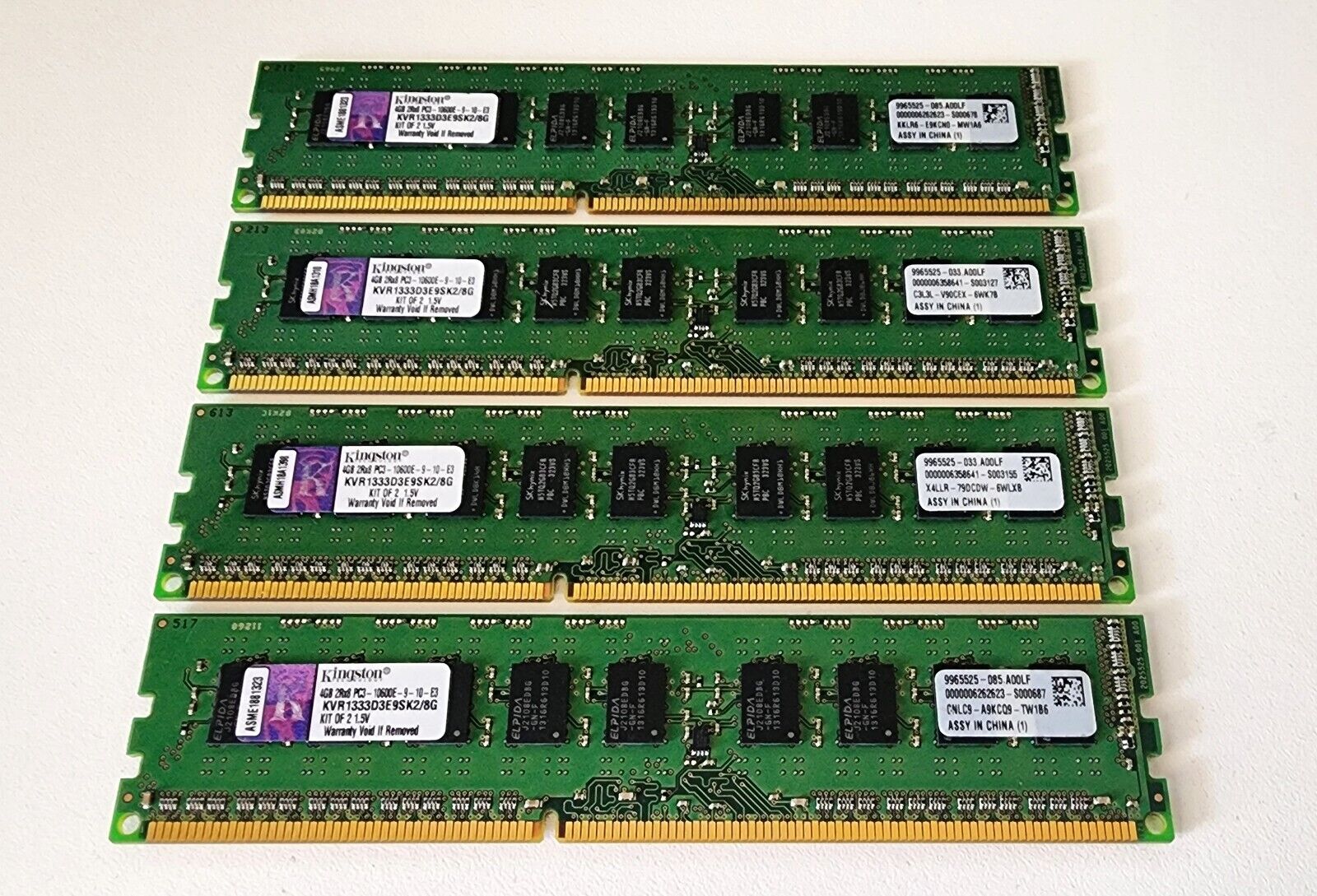 Lot of 4 Kingston 2Rx8 PC3-10600E ECC DDR3 modules, Totaling 16GB KVR1333D3E9Sk2